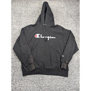 Champion Sweatshirt Men Large Black Reverse Weave Hoodie Drawstring Grunge Chore